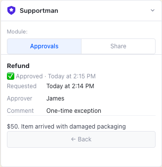Approved refund request shown in the Supportman Approvals panel in Intercom