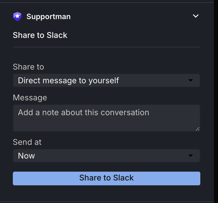 Supportman Share to Slack panel in the Intercom inbox sidebar