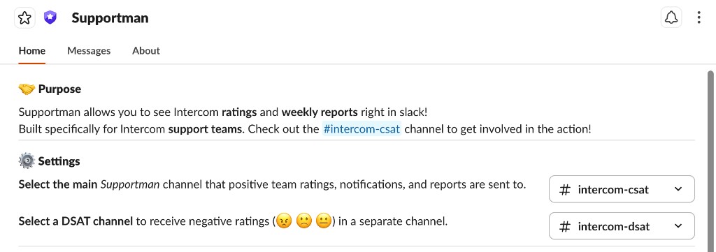 Supportman App Home in Slack showing main channel and DSAT channel dropdowns
